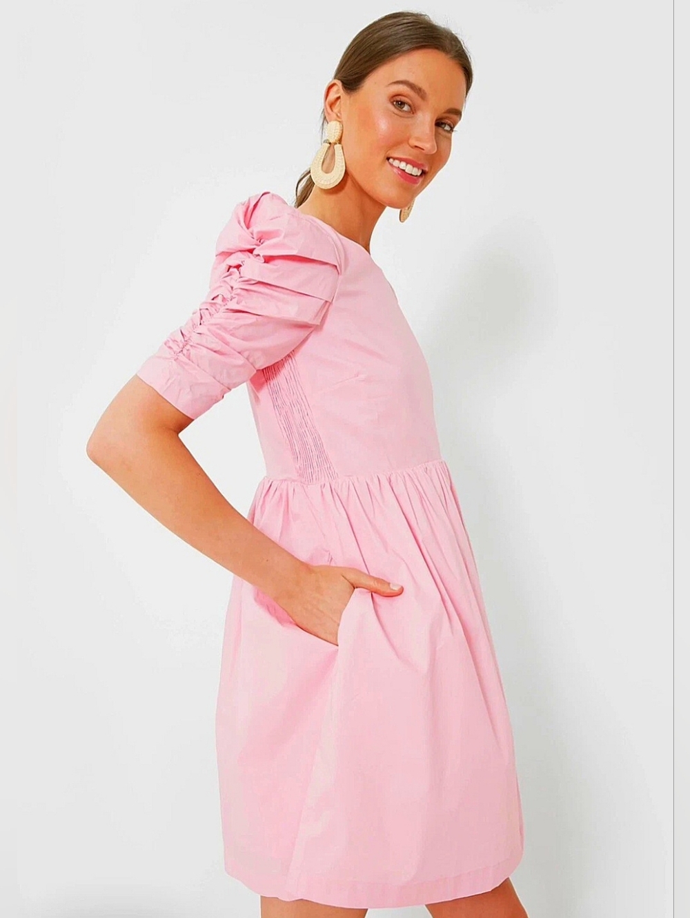 Pink Mini Dress with Ruched Sleeve